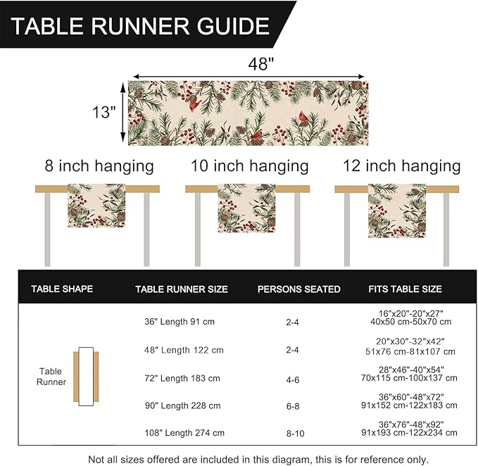 Seliem Winter Pine Needle Branches Table Runner, Pine Cone Cardinal Red Birds Berry Farmhouse Kitchen Dining Table Decor, Christmas Holiday Home Decoration Indoor Outdoor Party Supply 13 x 48 Inches