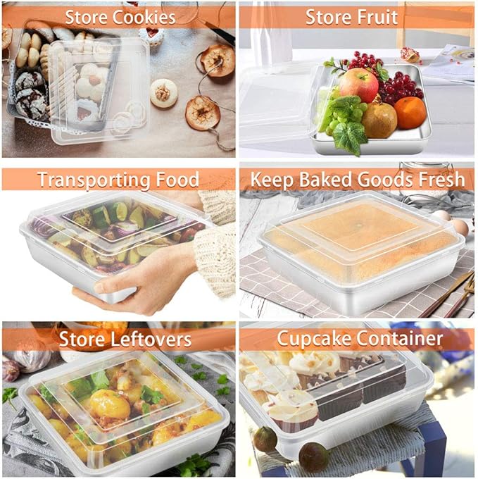 TeamFar Square Cake Pan with Lid (2 Pans & 2 Lids), 8 Inch Stainless Steel Square Baking Tray Cake Brownie Tin For Meal Prep Storage Transporting Food, Healthy & Sturdy, Dishwasher Safe