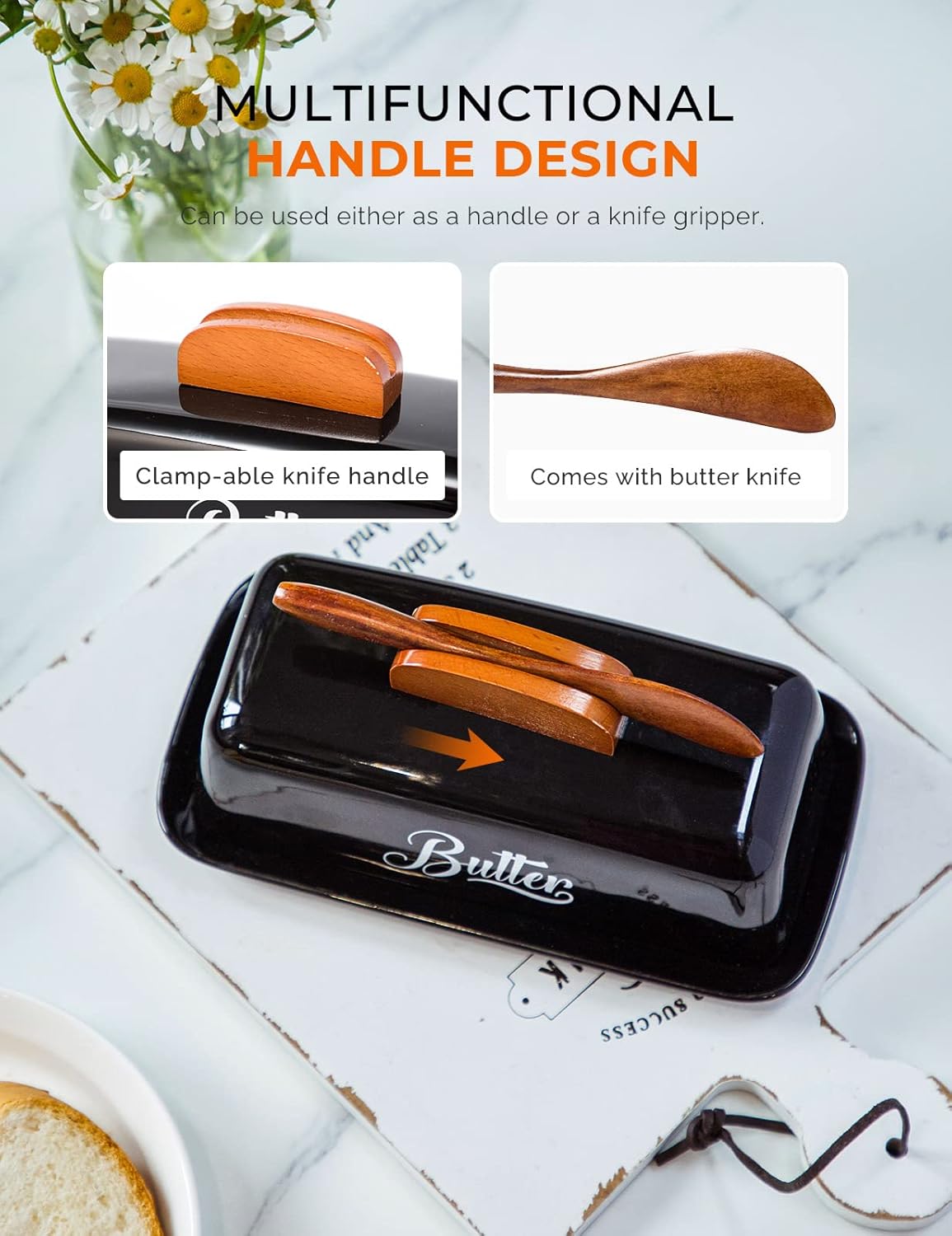 Black Butter Dish with Lid and Knife，Black Butter Tray，Ceramic Butter Holder for Counter Humanized Clamp-able Knife Handle Design Perfect for East West Coast Butter
