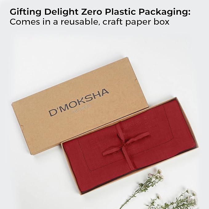 D'Moksha Homes Linen Table Runner 14 x 90 Inch - 100% Pure Linen Classic Hemstitch Red Table Runner - Machine Washable Farmhouse Table Runner for Christmas Decor, New Year