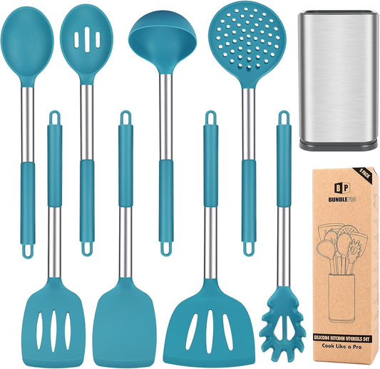 Silicone Cooking Utensil Set, 8Pcs Non-stick Cookware with Stainless Steel Handle, BPA Free Heat Resistant Kitchen Tools with Spatulas, Turners, Spoons, Skimmer and Pasta Fork