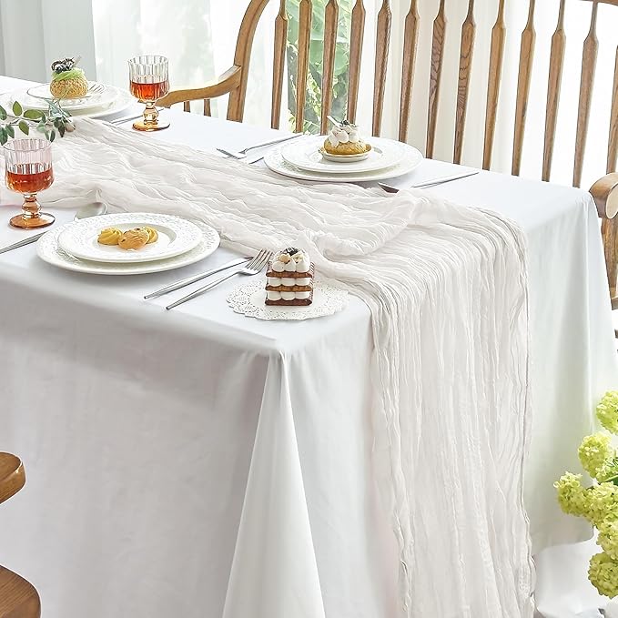 IVAPUPU 10 Pcs Cheesecloth Table Runner - 10ft Ivory White Boho Gauze Cheese Cloth Table Runners for Baby Shower Decoration Wedding Party Summer Garden Farmhouse