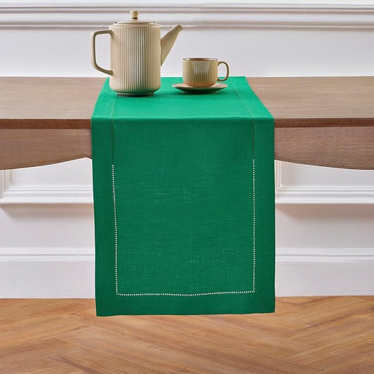 Solino Home Linen Emerald Green Hemstitch Table Runner 48 Inches - 100% Pure Linen Small Table Runner 14 x 48 Inch Ideal for Dresser and Coffee Tables - Classic Hemstitch - Christmas, New Year