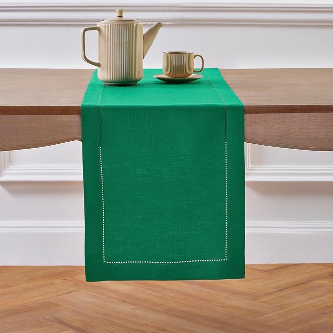 Solino Home Linen Table Runner 90 Inches Long - 100% Pure Linen Emerald Green Table Runner 14 x 90 Inch for Christmas, New Year - Classic Hemstitch