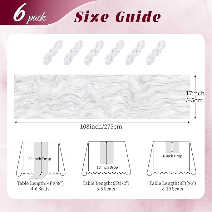 6 Pack White Cheesecloth Table Runner 17x108 Inch Semi Sheer Boho Gauze Cheese Cloth Fabric Table Runners, for Wedding Party Baby Shower Birthday Home Decor Garden Farmhouse
