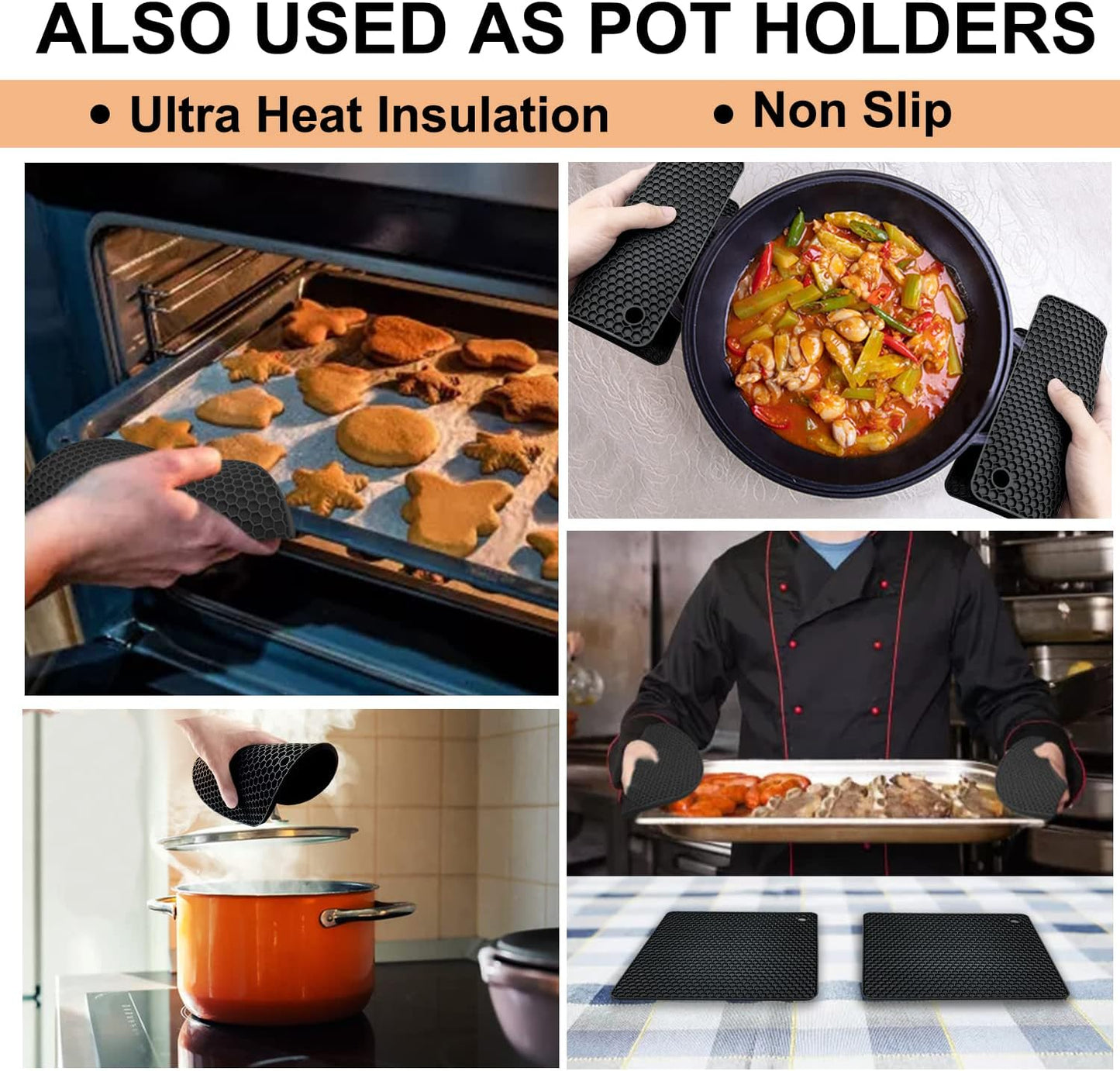 Walfos Silicone Trivet Mats - 4 Heat Resistant Pot Holders, Multipurpose Non-Slip Hot Pads for Kitchen Potholders, Hot Dishers, Jar Opener, Spoon Holder, Food Grade Silicone & BPA Free (Black)