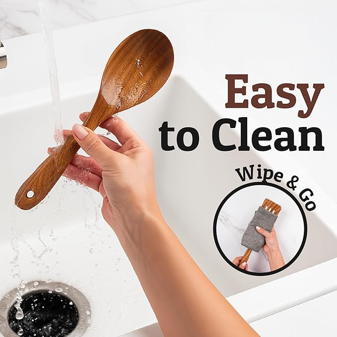 Priority Chef Wooden Spoon for Cooking – Solid Premium Non Toxic Teak Wood Spoon, Nonstick-Safe Kitchen Utensil for Stirring, Serving & Everyday Use