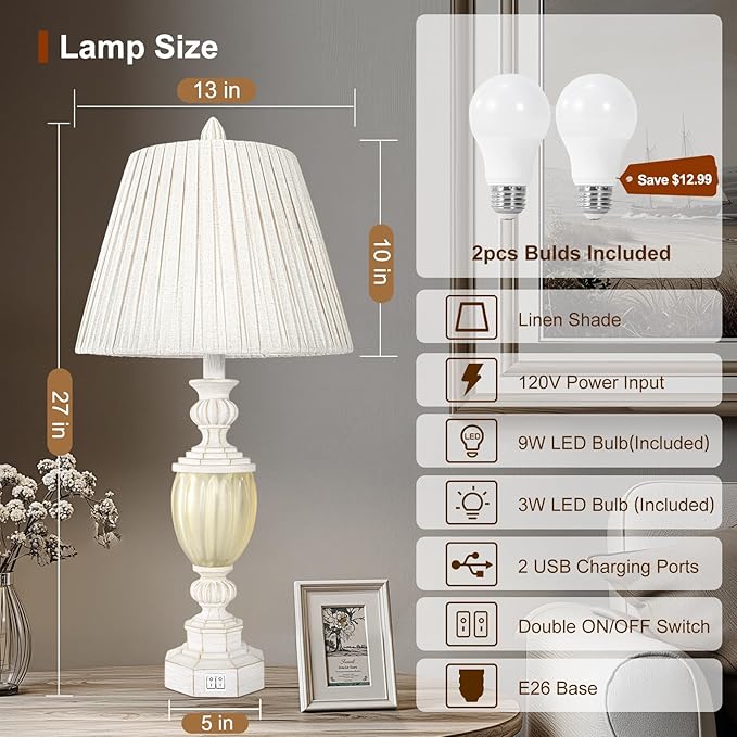 27" Rustic End Table Lamp Set of 2 with Night Light for Bedroom Living Room USB Charging Pots Farmhouse Bedside Lamp with Pleated Shade Boho Nightstand Lamps for Room Office Hotel Dorm(Bulb Included)