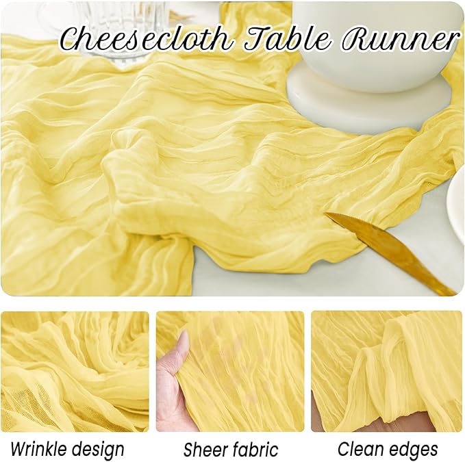 12 Pack Light Yellow Table Runner 10FT Cheesecloth Table Runner 21 x 120 inch Boho Gauze Cheese Cloth Table Runner Rustic Sheer Table Runner for Party Wedding Bridal Baby Shower Birthday Table Decor