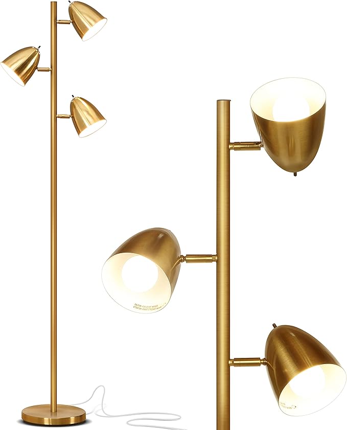 Brightech Jacob LED Standing Lamp, Modern Bright Floor Lamps for Living Rooms & Bedrooms, Tall LED Lighting Lamp with Adjustable 3 Light Tree – Antique Brass/Gold