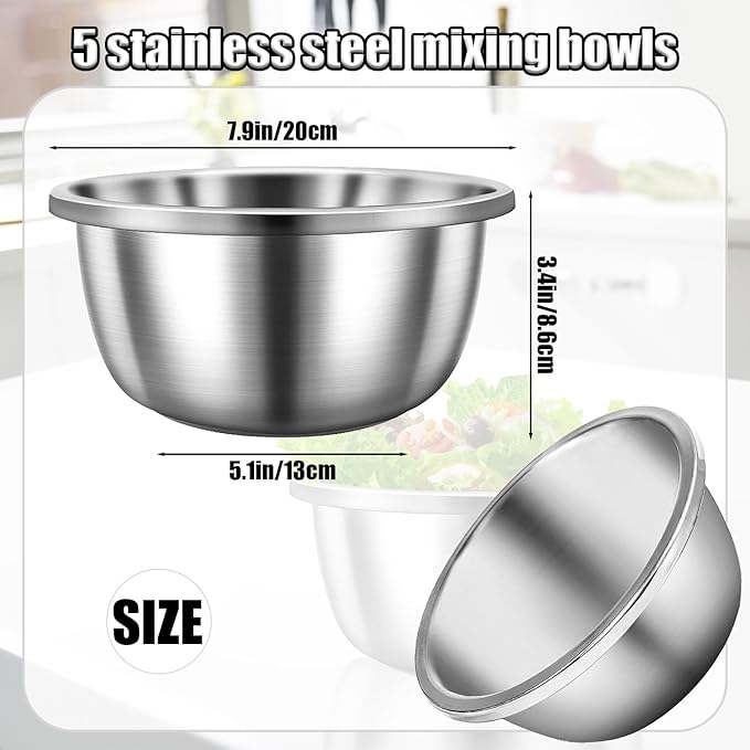Mixing Bowls, 5 Pack Stainless Steel Mixing Bowls Kitchen Mixing Bowl Stainless Steel Bowls For Meal Prep, Serving, Baking, 7.9 Inch
