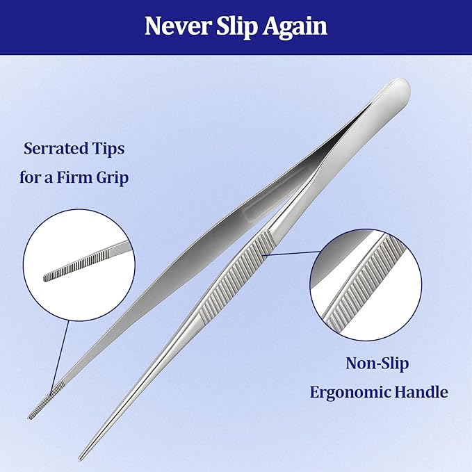 12-inch Stainless Steel Cooking Tongs & Tweezers, Non-Slip Grip & Serrated Tips for Grilling, Baking, Garnishing, BBQ, Kitchen & Craft Use (Straight Tip)