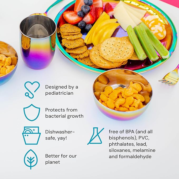 Ahimsa Stainless Steel Plates for Kids, 9" Colorful Stainless Steel Plates, Pediatrician Designed & Non Toxic, Unbreakable, Dishwasher Safe, Set of 4 Rainbow