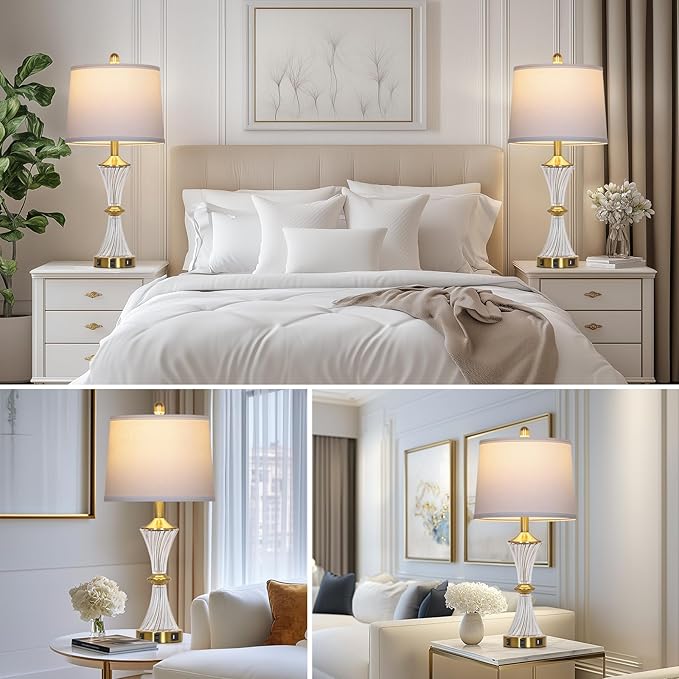 Crystal Glass Table Lamp Set of 2 with USB C+A Ports & AC Outlet, White Lamp, Modern Bedroom Lamps, Gold Lamp for Night Stands Bedroom Living Room,Nightstand Lamp LED Bulbs Included