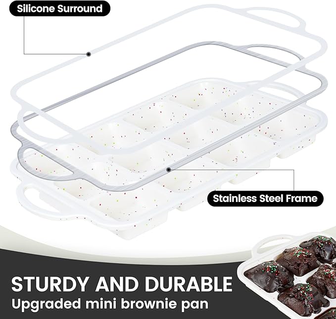 Vinino Silicone Brownie Pan With Dividers, 1 Pack Mini Loaf Pan for Baking Individual, Nonstick 12 Cups Square Muffin Cupcake Pans with Metal Reinforced Frame-Cream