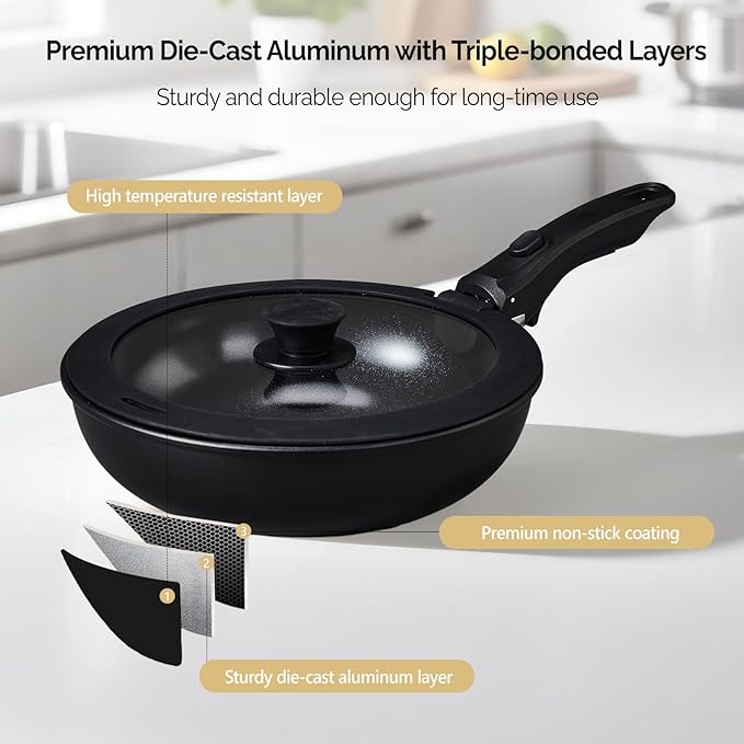 ROVSUN 23 PCS Non-Stick Cookware Set, Cast Aluminum Pots and Pans Set with Removable & Detachable Handles, Induction RV Kitchen Cook Set, Dishwasher Safe, PFAS PFOA & PFOS Free, for Home