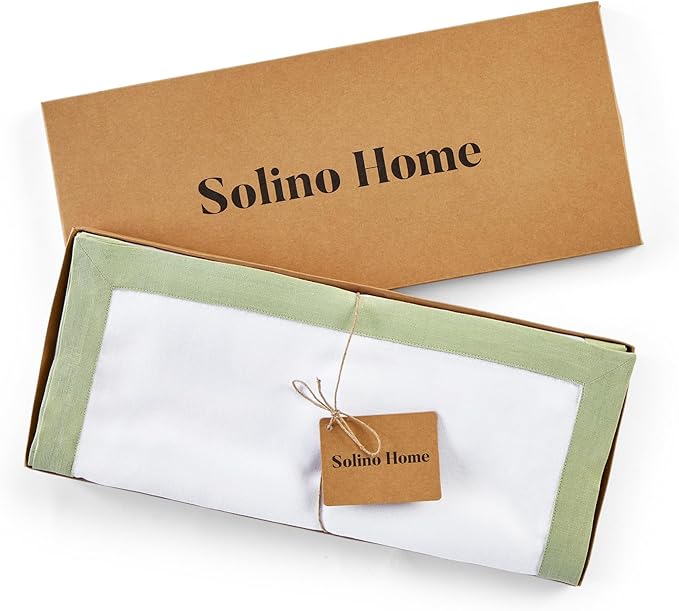 Solino Home Linen Table Runner 36 Inches - 100% Pure Linen Sage Green and White Short Table Runner 14 x 36 Inch Ideal for Dresser and Coffee Tables - Winter, Christmas - Classic