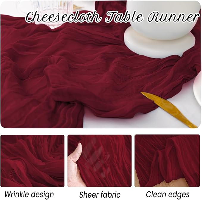 12 Pack Burgundy Table Runners 10FT Cheesecloth Table Runner 21 x 120 inch Boho Gauze Cheese Cloth Table Runner Rustic Sheer Table Runners for Party Wedding Bridal Baby Shower Birthday Table Decor