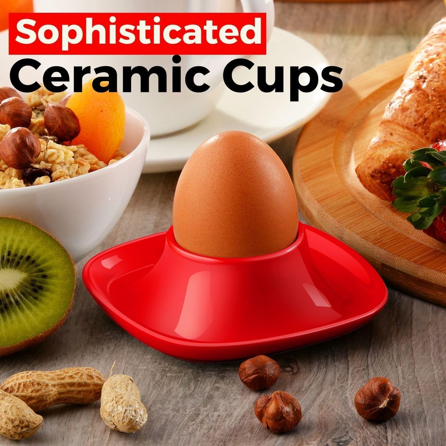 Flexzion Egg Cups for Soft Boiled Eggs - Set of 6 Ceramic Egg Holder - Stackable Egg Coddler Cups with Base for Serving, Breakfast, Brunch - Kitchen Table Decor, Red
