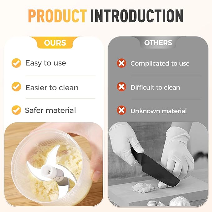 Electric Garlic Chopper, Mini Portable Veggie Chopper, 300ML Cordless Garlic Grinder Onion Masher, Food Processor for Ginger Chili Fruit Meat (White)