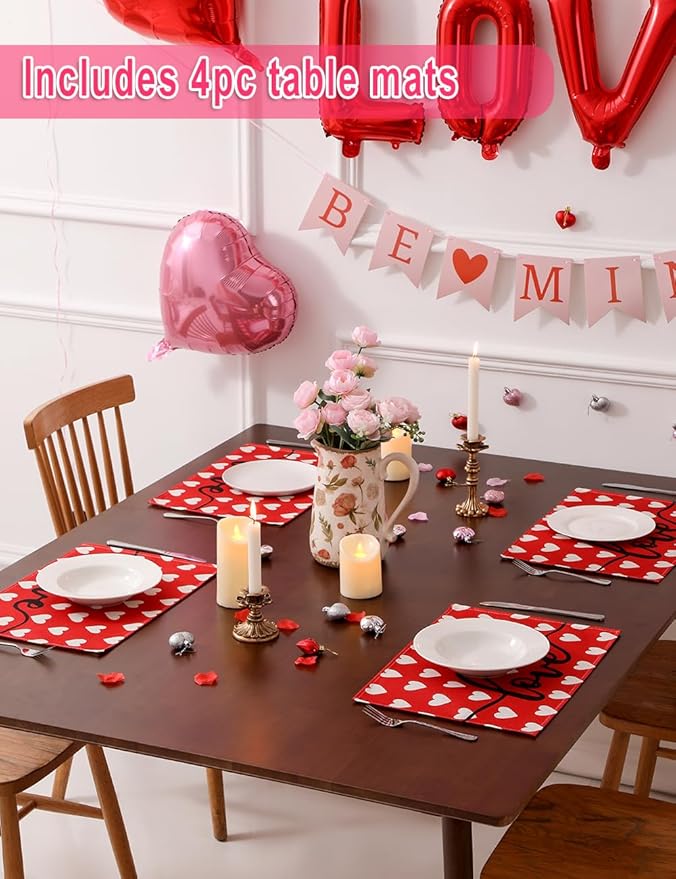 Red Love Heart Valentine's Day Table Runner 13"x72" & 4 Pcs 12"x18" Placemats Sets with 12 Heart Balloons, Love Letter Balloons, Stickers & Blowing Straw for Home Party Decor