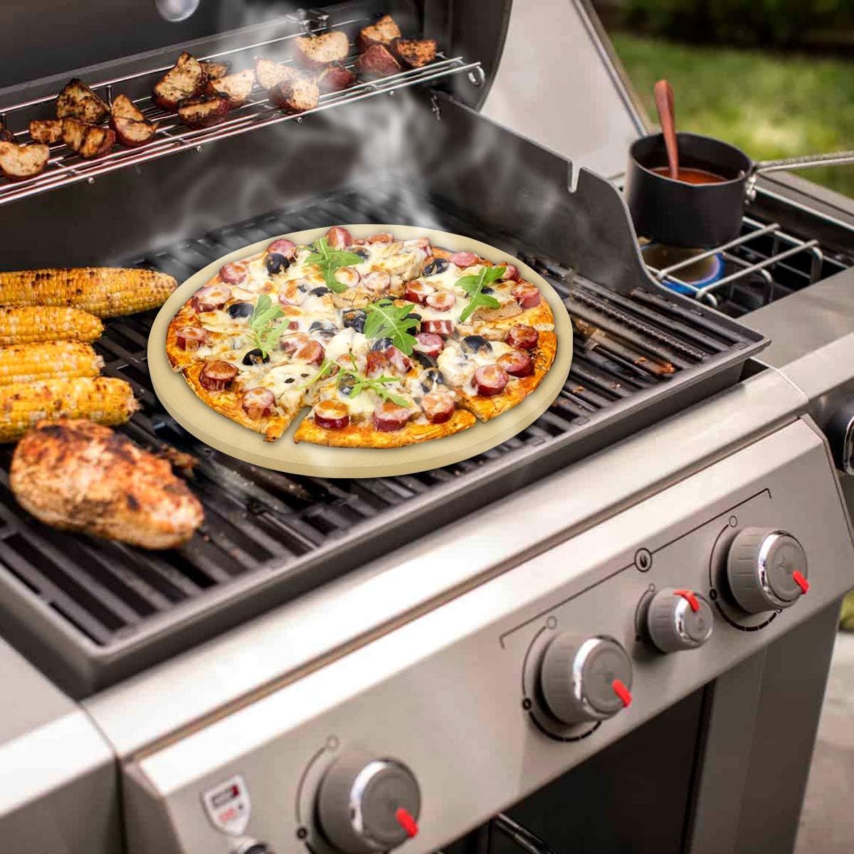 Onlyfire Heavy Duty Ceramic Pizza Grilling Stone, 15" Round Baking Stone for Best Crispy Crust Pizza, Perfect for Oven, BBQ and Grill, Thermal Shock Resistant
