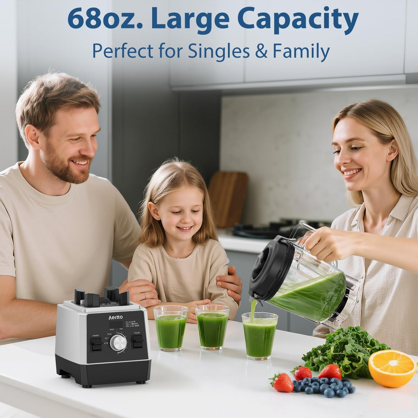 Aeitto Blenders for Kitchen with 68Oz. Large Capacity, 1800W Max Power Smoothie blender, 3 Preset Programs & 7 Speeds, Professional Countertop Blender for Smoothies, Ice Crush, Frozen Drinks, Black