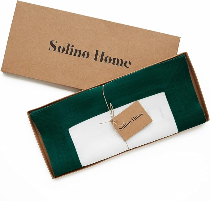 Solino Home Linen Table Runner 36 Inches - 100% Pure Linen Rainforest and White Small Table Runner 14 x 36 Inch Ideal for Dresser and Coffee Tables - Contempo - Christmas, Winter, New Year
