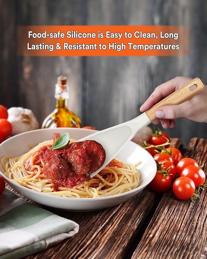 Cooking Spoon for Nonstick Cookwares, Great for Cooking and Serving Sturdy BPA-Free Matte Silicone, Wood Handle Spoon for Mixing, Scoop, and Scrape (WHITE)