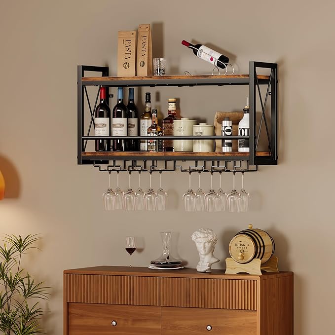Homeiju Wall Mounted Wine Rack, Bottle & Glass Holder Wood-Metal Retro Wine Rack, Wine Bottles Display Wall Storage for Kitchen Dining Room Home Bar