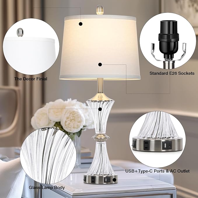 Crystal Glass Table Lamp with USB C+A Ports & AC Outlet,White Clear Modern Bedroom Lamp,Silver Lamp for Living Room,Nightstand Lamp LED Bulbs Included,Single Silver
