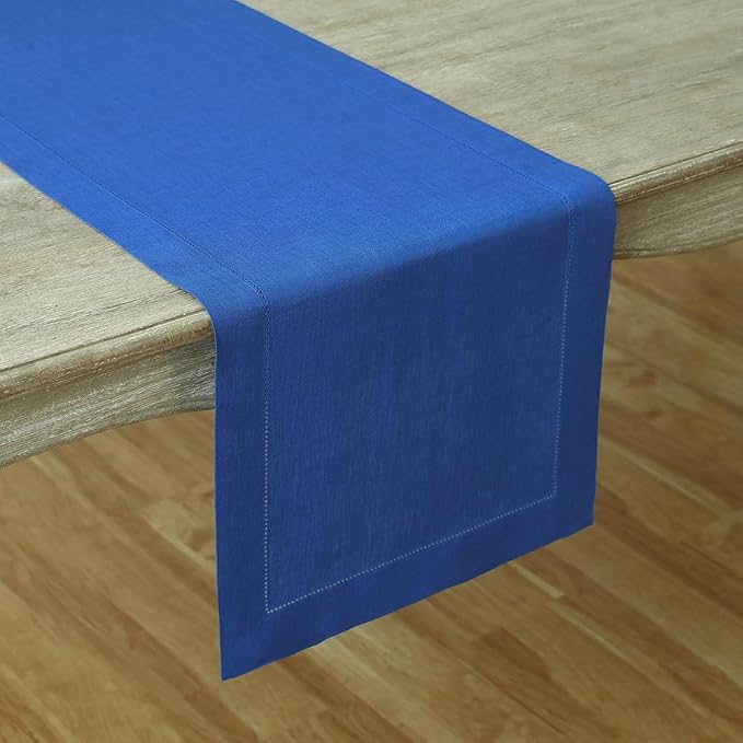 Solino Home Linen Royal Blue Table Runner 156 Inches Long - 100% Pure Linen Extra Long Table Runner 14 x 156 Inch for Christmas, New Year - Classic Hemstitch
