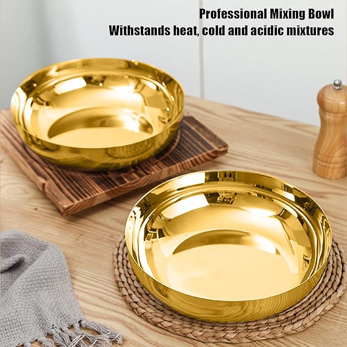 Stainless Steel Mixing Bowl, 9.4 inch Gold Salad Serving Bowls Flat Base Metal Prep Bowl Ramen Noodle Soup Bowls for Baking Serving Mixing and Cooking Prep