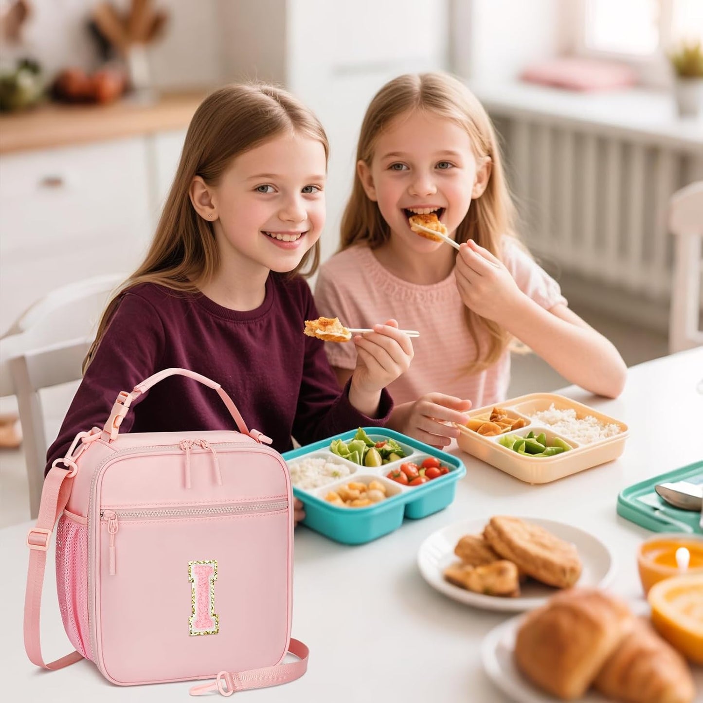 Initial Insulated Lunch Bag for Girls Kids, Back to School Gift, Reusable Leak-proof Lunch Box with Adjustable Strap for School Daycare Travel Picnic (Pink,I)