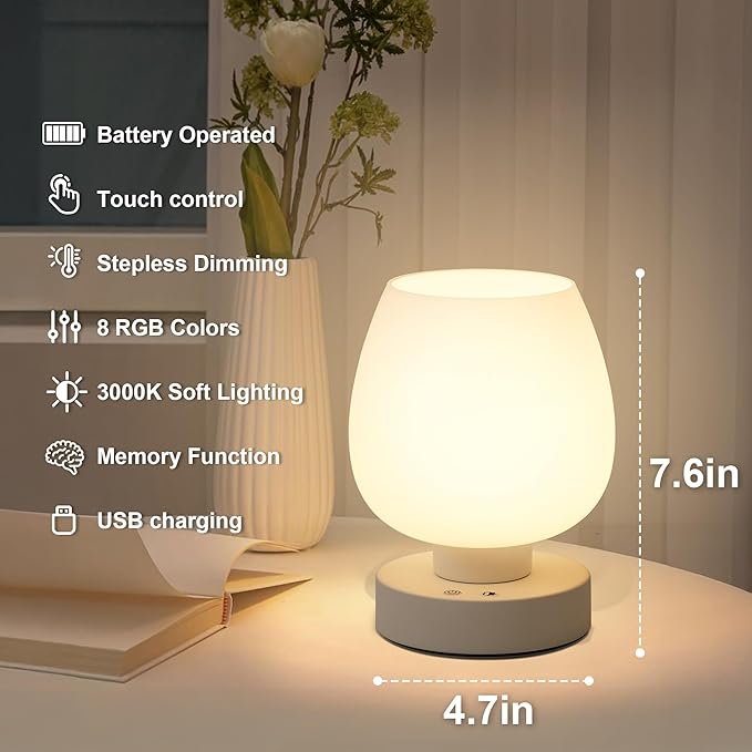 Small Table Lamp Cordless Nightstand Lamp - Rechargeable Modern Bedside Lamp with White Glass Shade, Stepless Dimmable & 8 RGB Colors & Memory, Battery Touch Lamp for Nursery Bedroom Nightstand