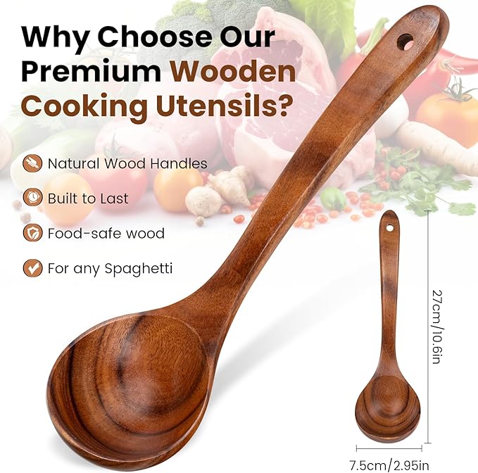 Wooden Spoons for Cooking – 6 Pcs Teak Wood Utensil Set, Durable, Nonstick Safe & Heat Resistant with Ergonomic Handles - Unique Kitchen Gifts for Women Men, Cooking Gifts for Men Women