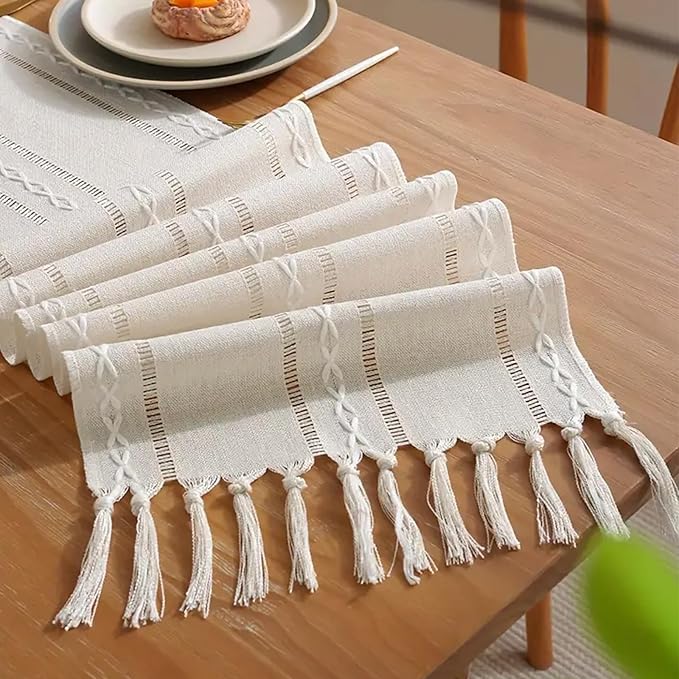 Niviy White Table Runners 90 Inches Long with Tassels, Ivory Embroidered Table Runner Farmhouse Rustic Linen Runners for Dresser Scarf Home Decor (White, 12"×90")