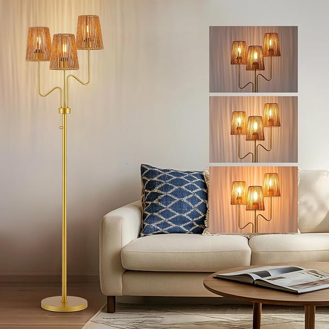 9MMML Gold Farmhouse Boho Dimmable Floor Lamp with Rattan Shade, 68'' Tall Floor Standing Lamp, 3-Light Floor Lamp for Living Room, Bedroom, Office, Corner