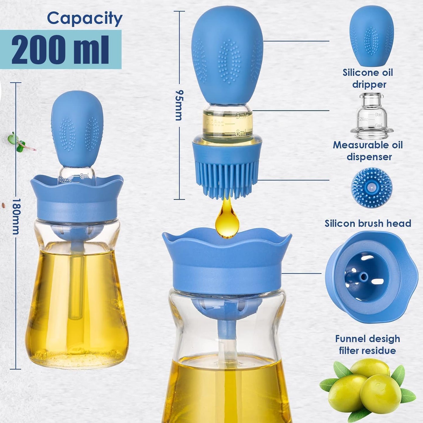 Oil Dispenser with Brush-2Pack 7oz/200ML 2 IN 1 Glass Cooking Oil Dispenser Bottle with Silicone Basting Brush for Kitchen, Oil Storage and Container for Cooking BBQ, Vinegar, Sauce, Air Fryer- Orange