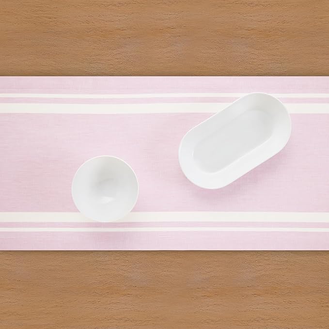 Solino Home Linen Table Runner 90 Inches Long - 100% Pure Linen White and Dusty Pink French Stripe Table Runner 14 x 90 Inch for Dining