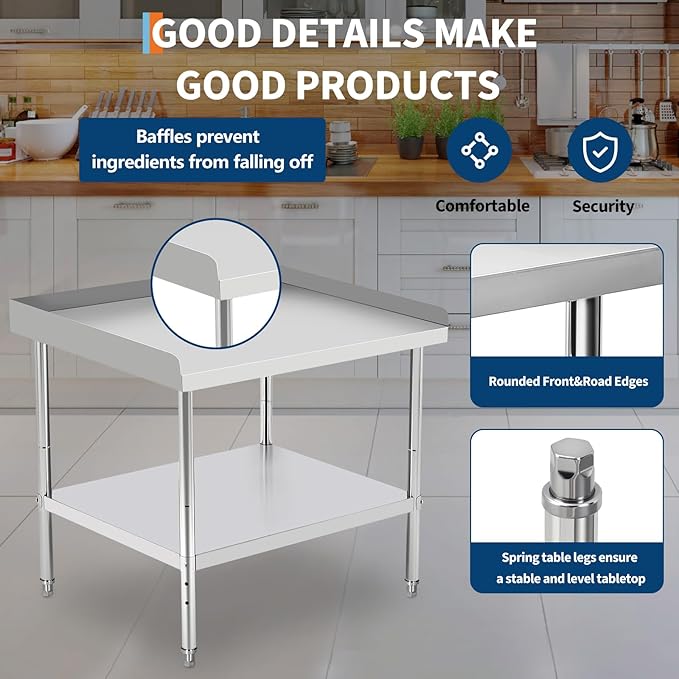 60x24x30 in Stainless Steel Equipment Grill Stand Table 400 LBS Capacity NSF Certified with Adjustable Legs, 2 in Edge Baffle, for Hotel, Home, Commercial Restaurant Kitchen