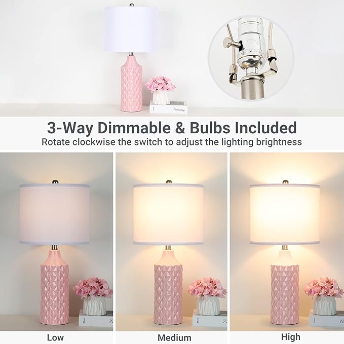 Modern Pink Ceramic Table Lamps Set of 2, 25" Nightstand Lamps with 3-Way Dimmable Bulbs for Bedroom & Living Room