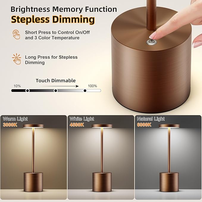 Cordless Table Lamps Rechargeable - Outdoor Portable LED Table Light 5000mAh Battery Operated Lamp 3 Color Stepless Dimming with Memory Function for Restaurant Dining Patio 2Pack Moka