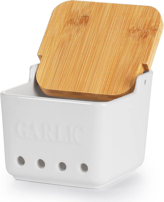 ONTUBE Garlic Keeper with Lid, Ceramic Garlic Holder Storage, Garlic Container for Kitchen, Garlic Saver to Keep Your Garlic Cloves Fresh Longer 4.7-Inch, White