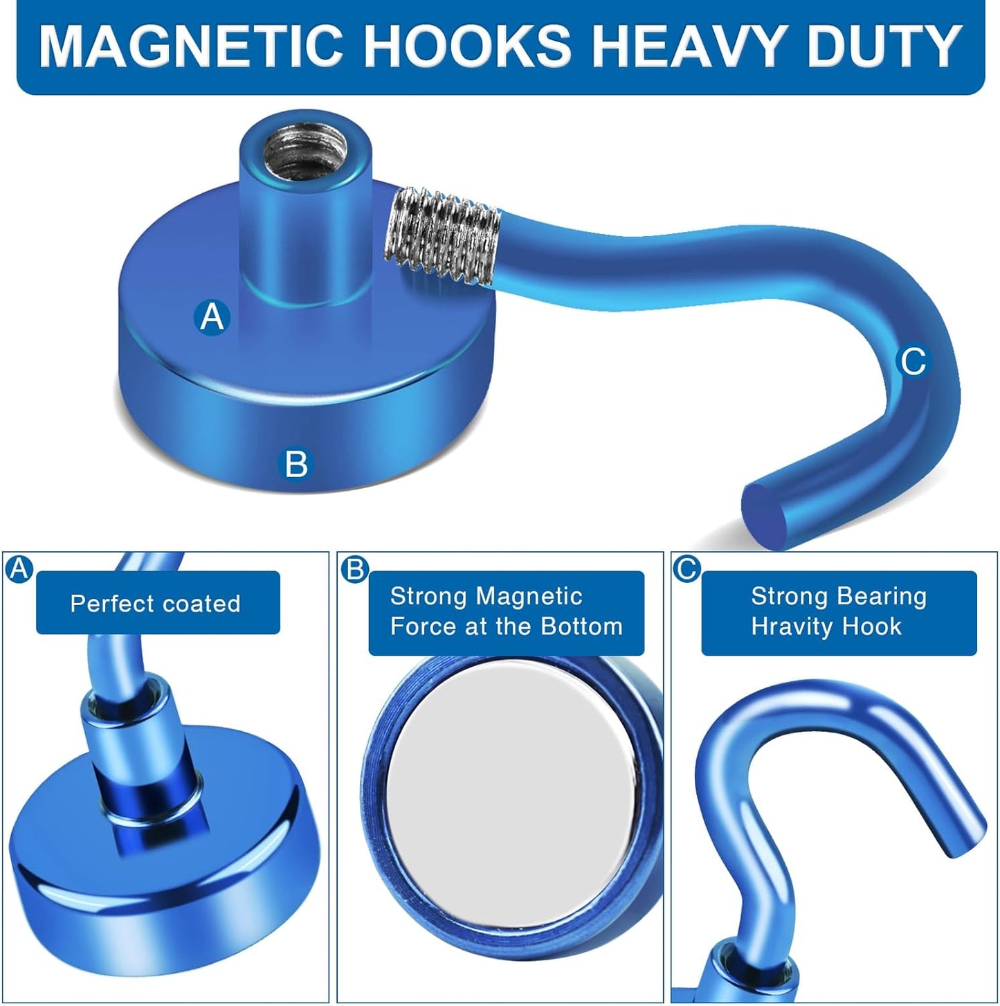LOVIMAG Cruise Essentials, 40Lbs Blue Cruise Magnets, Magnet Hooks for Cruise Cabin,Strong Magnetic Hooks for Hanging Cruise Lanyard, Fridge, Ceiling, 6 Pack