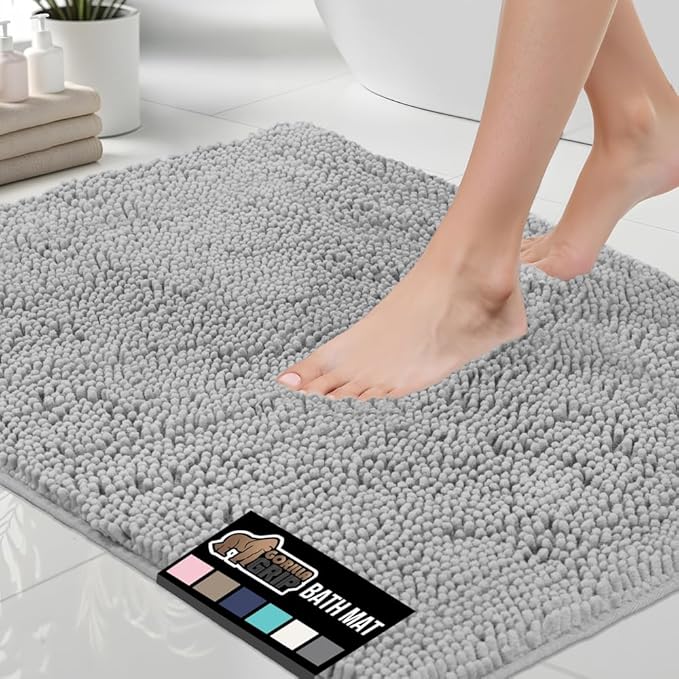 GORILLA GRIP Bath Rug Mat, Thick Soft Absorbent Chenille, Quick Dry Microfiber Mats, Rubber Backing Washable Shower Floor Rugs, US Designed Bathroom Bathmat Home Decor Accessories, 24x17 Light Gray