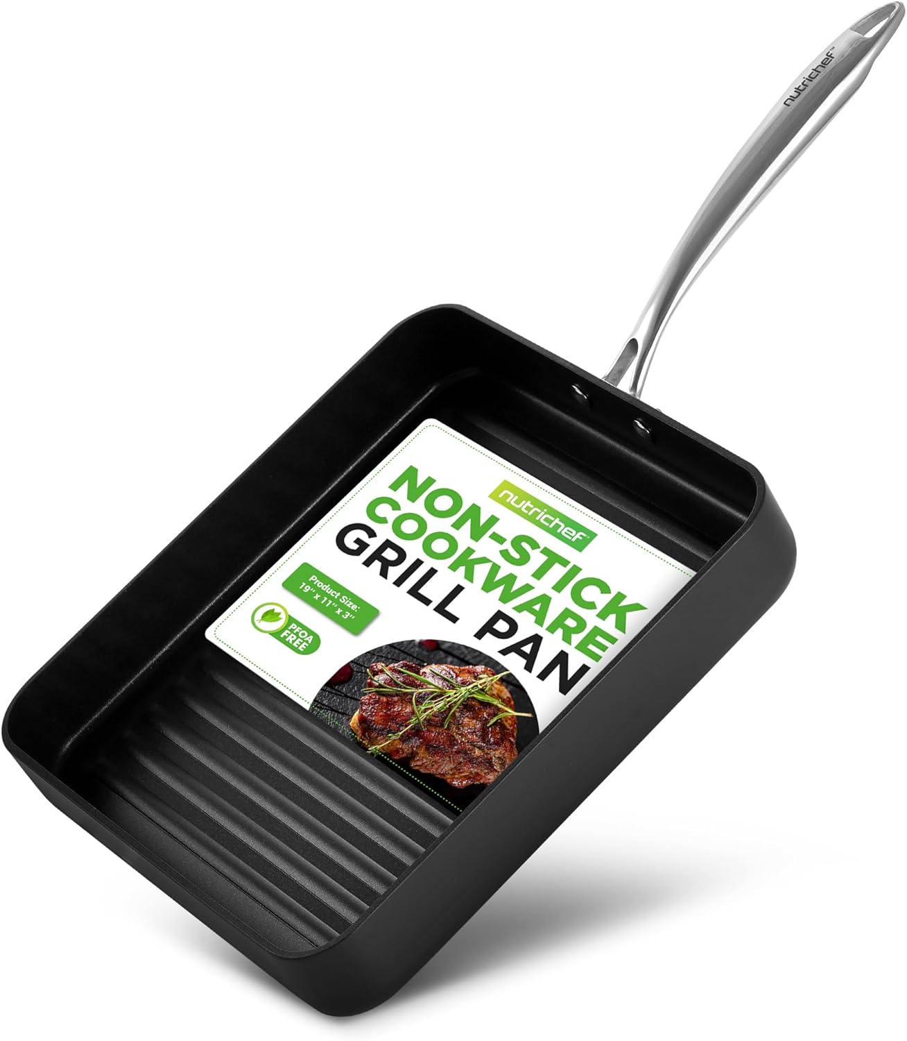 NutriChef 11" Square Grill Pan Non Stick - High Ridges, Hard-Anodized, Stove Top Griddle, Strong Handles, Dishwasher Safe