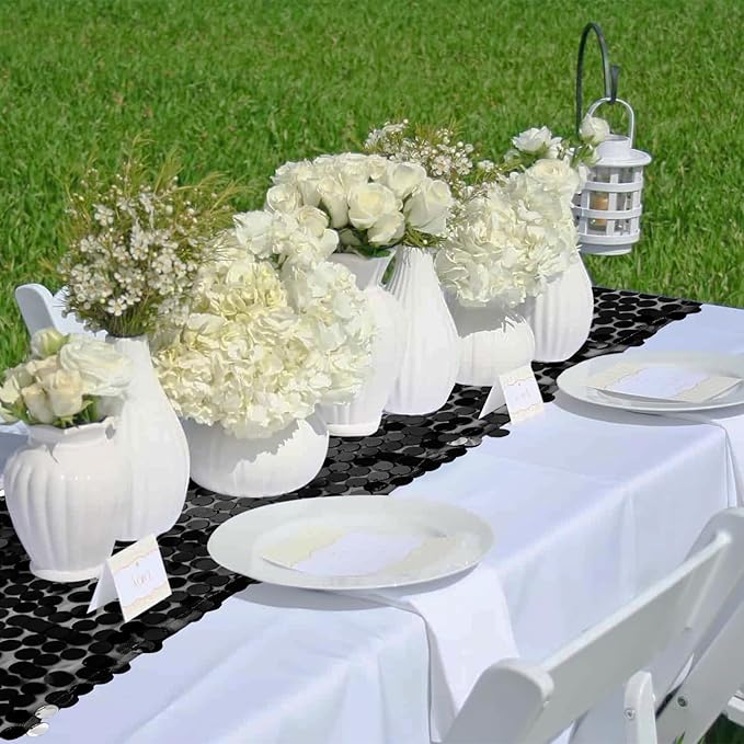 12 x 108 Inch Black Sequin Table Runner Glitter Rectangle Big Sequin Table Runner for Wedding Party Birthday Christmas Halloween Decoration (1 Pack)