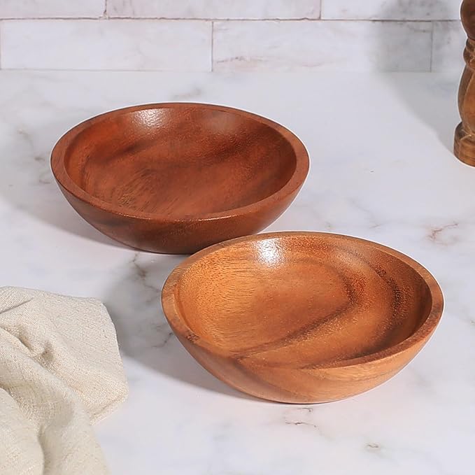 Acacia Wood Serving Bowls, 6 Inch Handcrafted Wooden Individual Bowls Set of 2 for Food/Soup/Salad/Pasta, Use as Snack Holder Plate for Kitchen and Dining