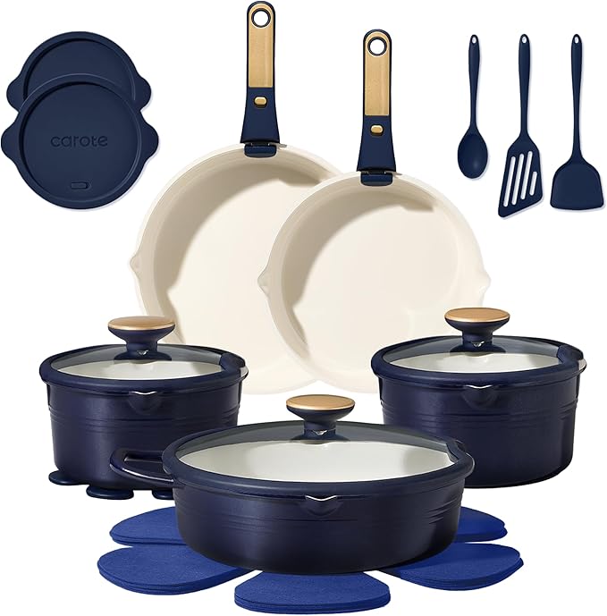 CAROTE 22Pcs Titanium Cookware Set, Pots and Pans Set Non Stick, Kitchen Cooking Set with Detachable Handle, Non Toxic Induction Cookware, Dishwasher/Oven Safe，Blue